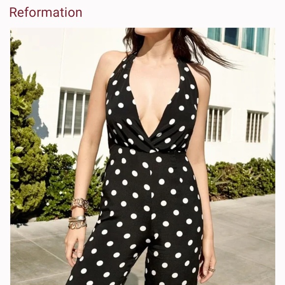 REFORMATION x NASTY GAL Polka Dot Halter Jumpsuit in Black Size L - Picture 2 of 9